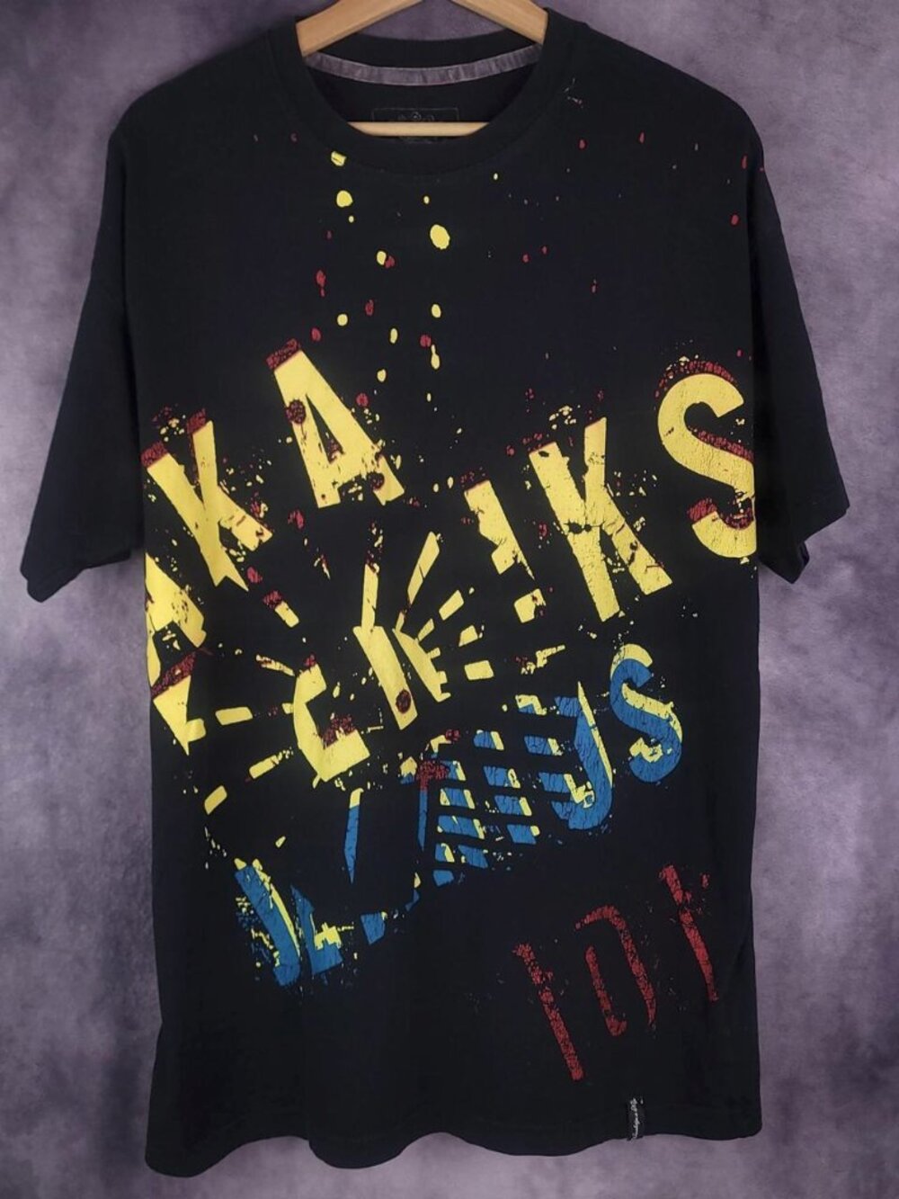 AKDMKS Y2K splatter faded black shirt